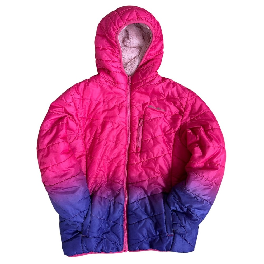 Eddie Bauer Reversible Ombre Puffer Jacket Girls S 7/8 Pink Purple Fleece Coat